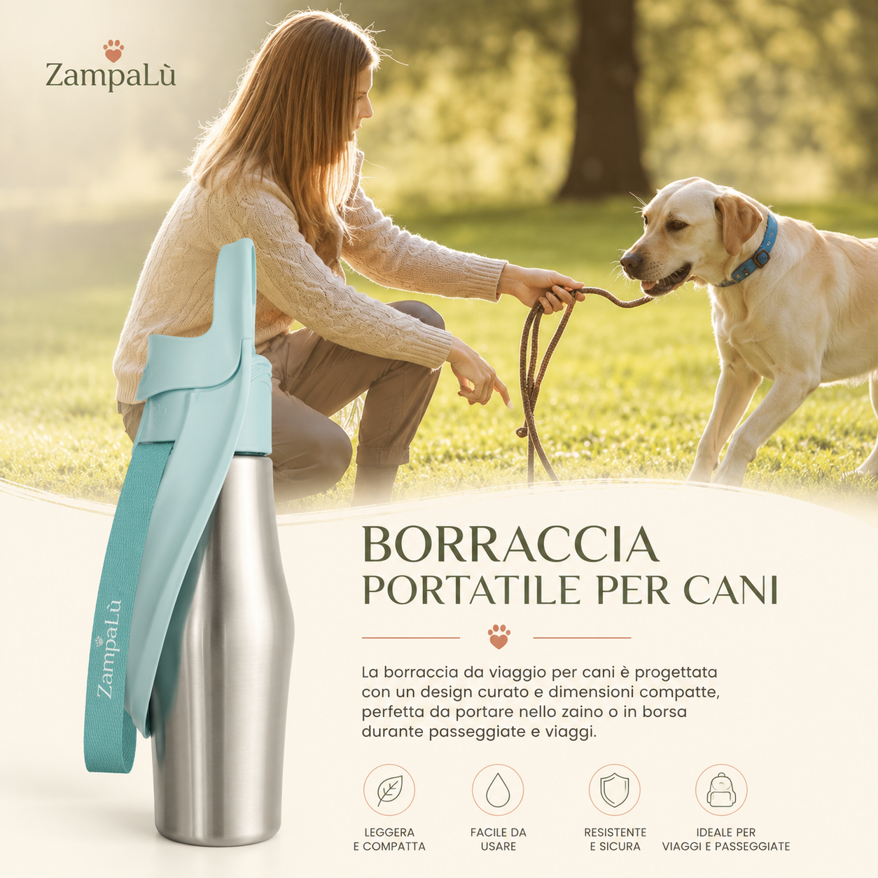 Borraccia Portatile per Cani ZampaLù – 800 ml in Acciaio Inox con Vaschetta Integrata