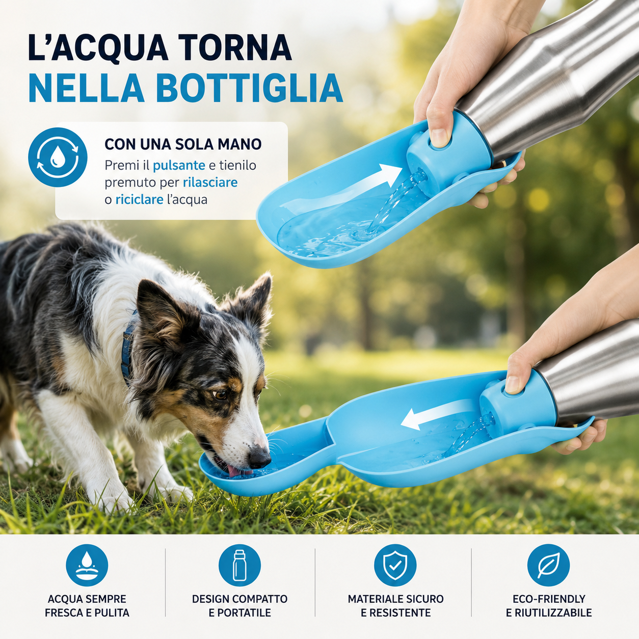 Borraccia Portatile per Cani ZampaLù – 800 ml in Acciaio Inox con Vaschetta Integrata