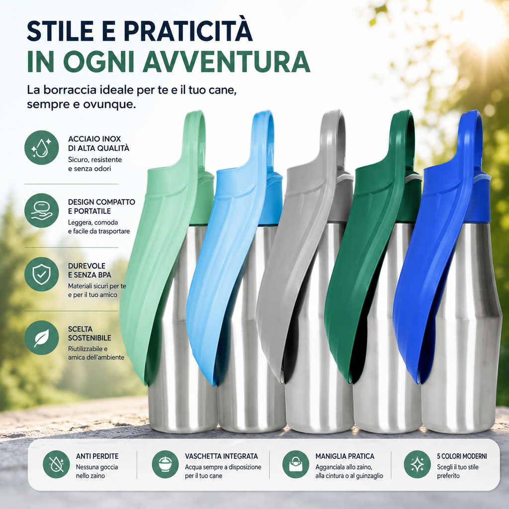 Borraccia Portatile per Cani ZampaLù – 800 ml in Acciaio Inox con Vaschetta Integrata