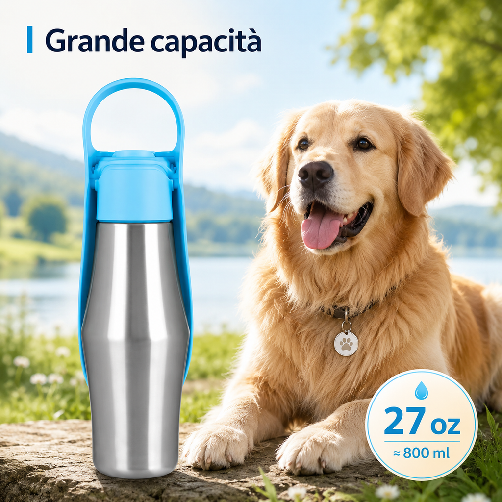 Borraccia Portatile per Cani ZampaLù – 800 ml in Acciaio Inox con Vaschetta Integrata