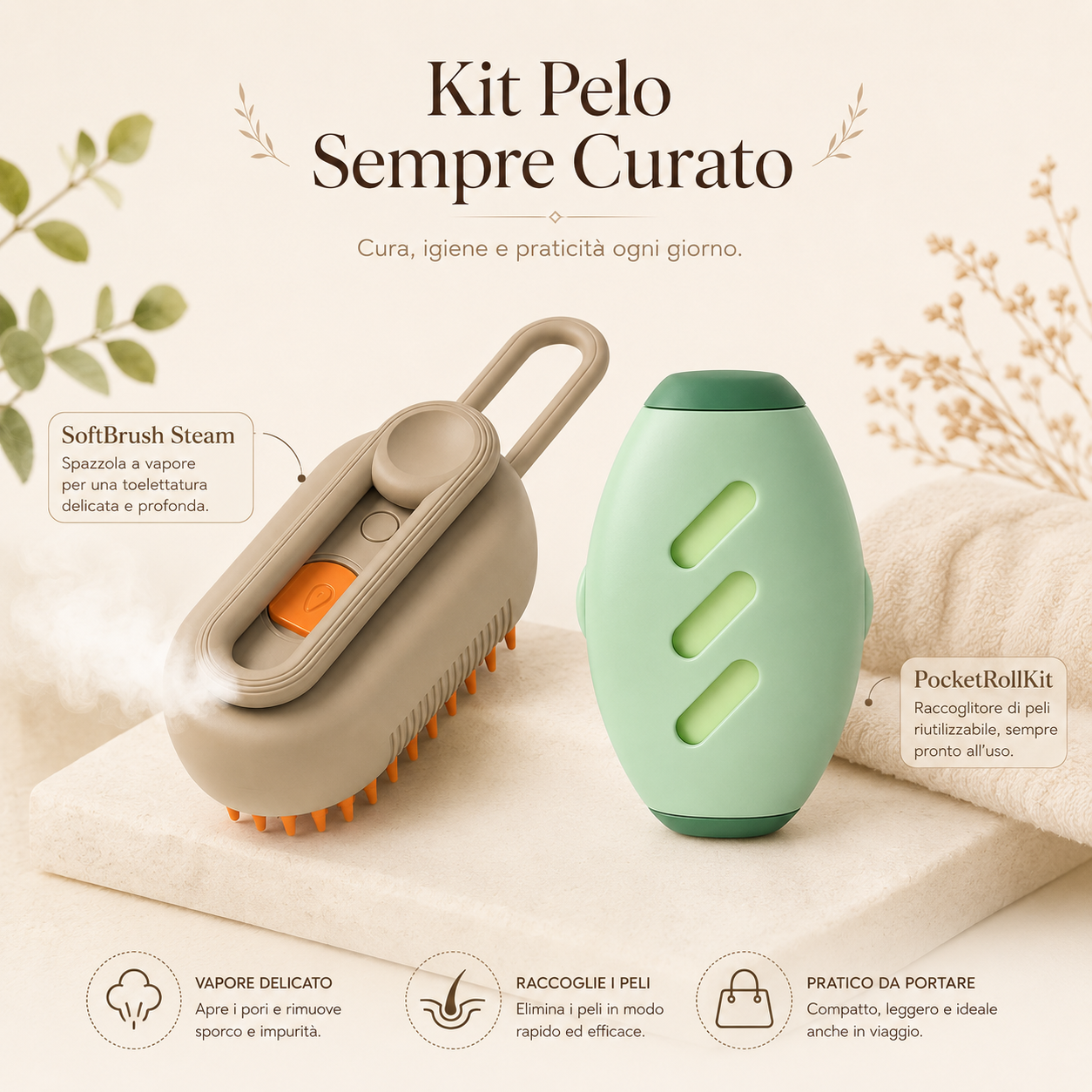 Kit Pelo Sempre Curato – SoftBrush Steam + PocketRoll